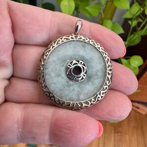 Sterling Silver Green Jadite Disc Lucky Charm Pendant 925